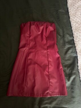 Strapless Wine-Red Faux Leather Cocktail Dress